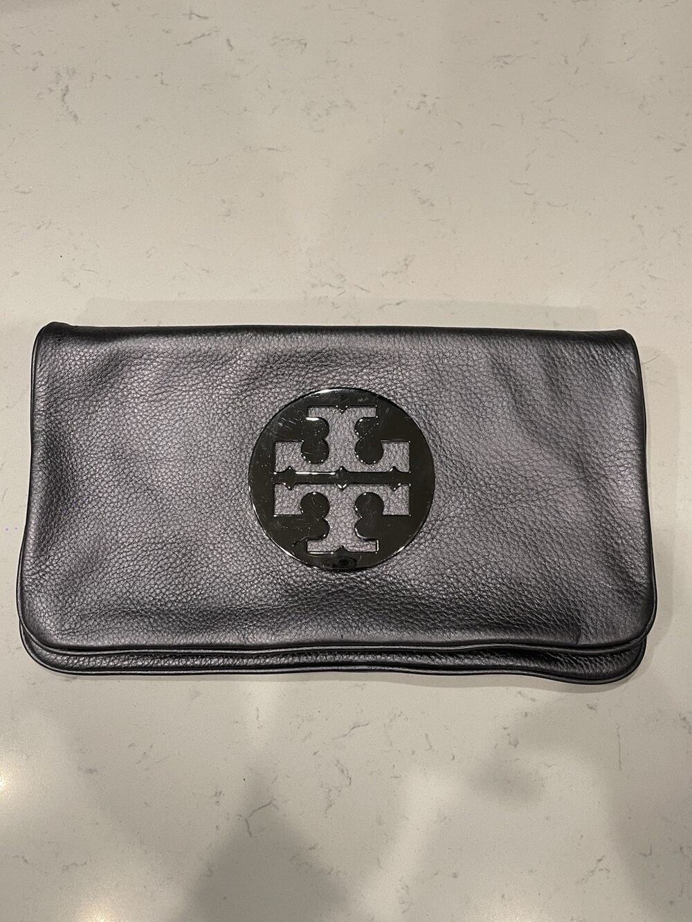 Tory Burch Bombe Reva Gray Leather Clutch with Gold Chain.